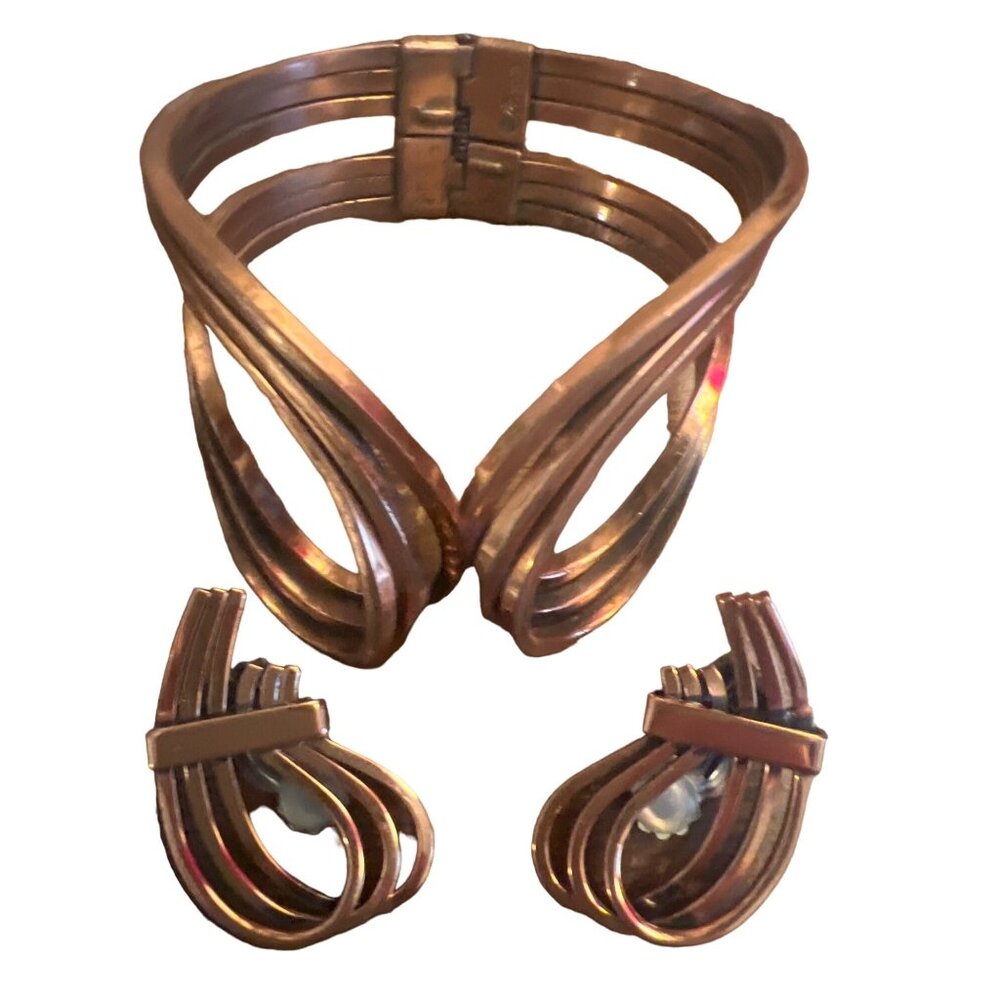 Vintage Renoir Matisse Rhythm Copper Bracelet Climber Clip-on Earrings Set MCM